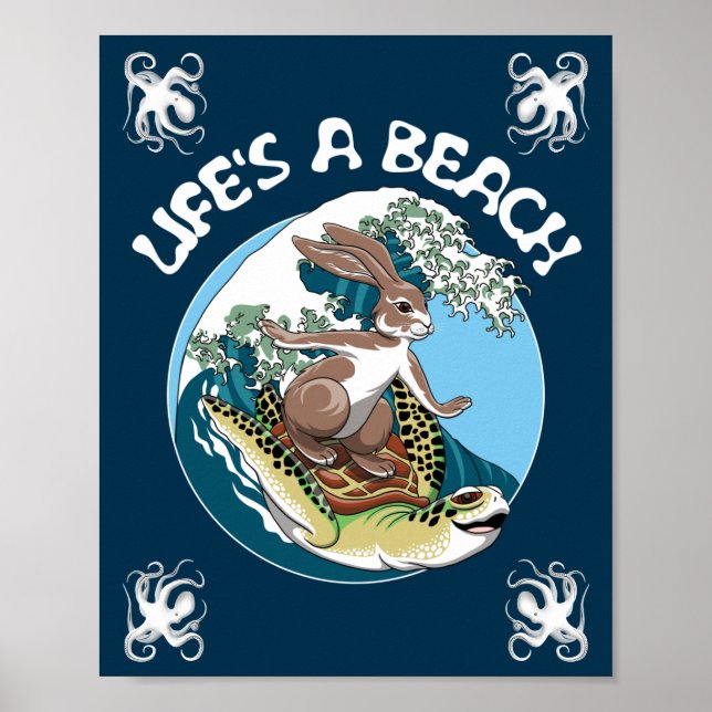 Life's a Beach - Rabbit and Turtle Surfing Poster (Front)