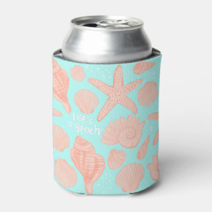 LIFE'S A BEACH seashells pink blue pattern Can Cooler