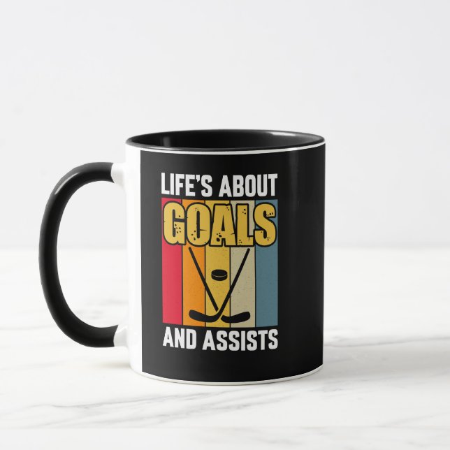 Life's About Goals and Assists Hockey Mug (Left)