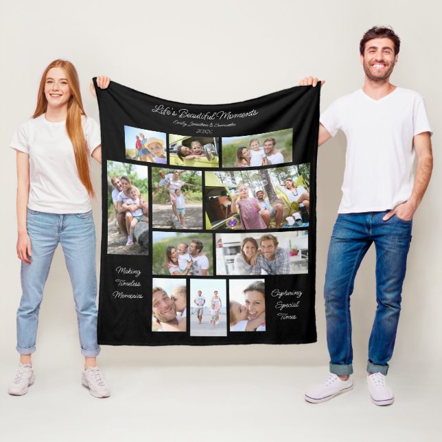 Lifes Beautiful Moments 11 Photos Collage Black Fleece Blanket (In Situ)