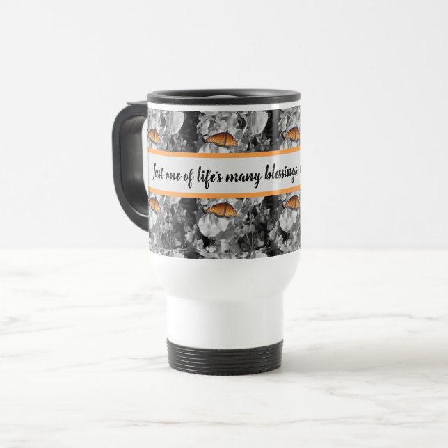Life's Blessings Orange Monarch Butterfly Coffee Travel Mug (Front Left)