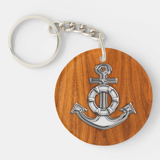Lifesaver Chrome Anchor on Teak Veneer Styles Key Ring (Front)