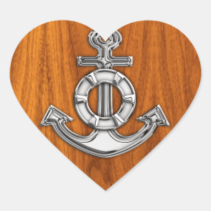 Lifesaver Chrome Like Anchor on Teak Veneer Heart Sticker