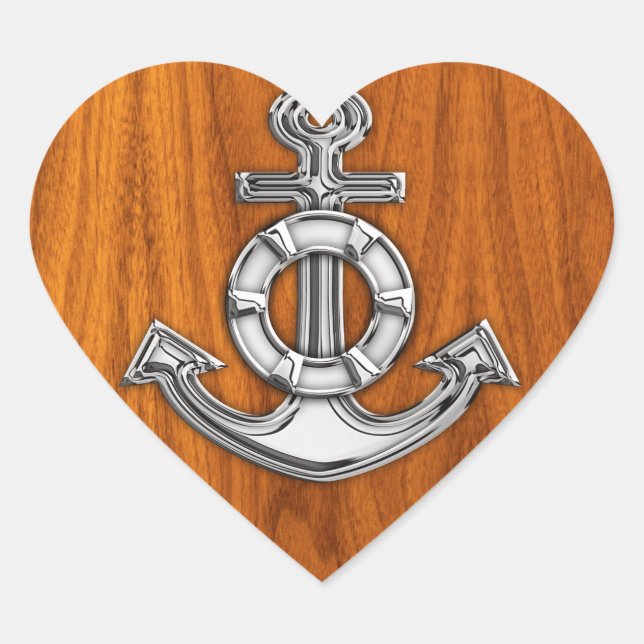 Lifesaver Chrome Like Anchor on Teak Veneer Heart Sticker (Front)