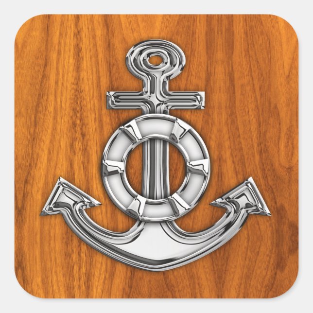 Lifesaver Chrome Like Anchor on Teak Veneer Square Sticker (Front)