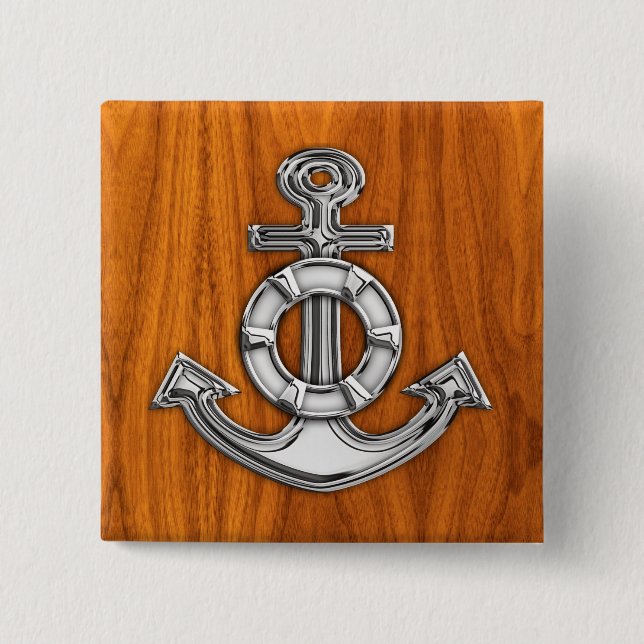 Lifesaver Chrome Style Anchor on Teak Veneer 15 Cm Square Badge (Front)