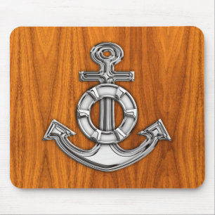 Lifesaver Chrome Style Anchor on Teak Veneer Mouse Mat
