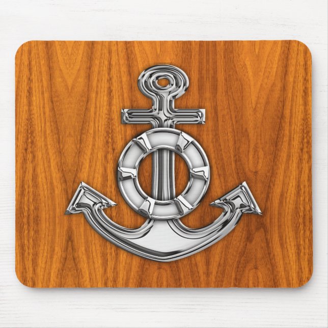 Lifesaver Chrome Style Anchor on Teak Veneer Mouse Mat (Front)