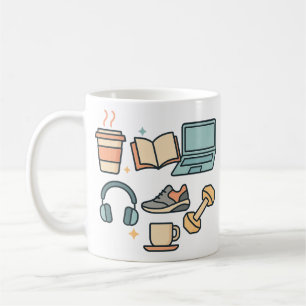 Lifestyle Icons Mug – Coffee, Study, Fitness & Wor