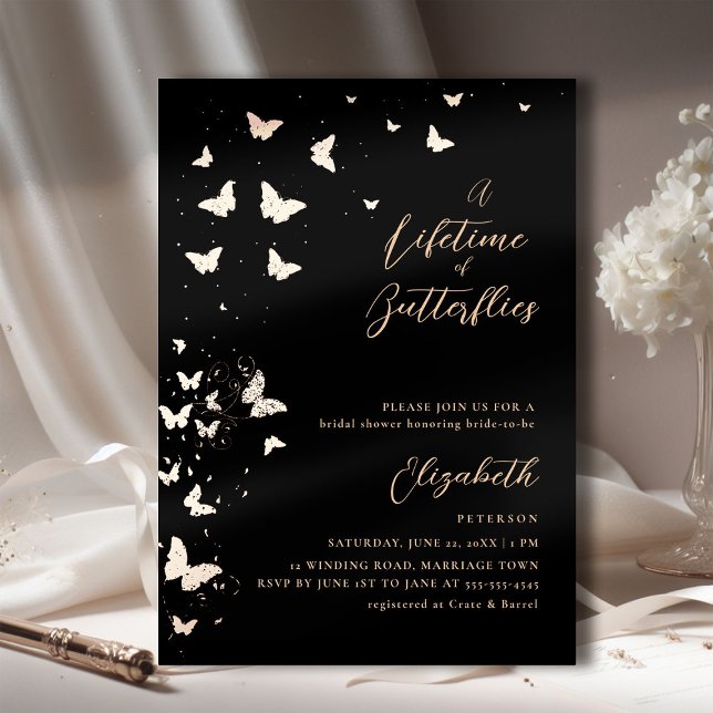 Lifetime Butterflies Black Rose Gold Bridal Shower (a lifetime of butterflies bridal shower invitation black gold romantic elegant boho chic modern )
