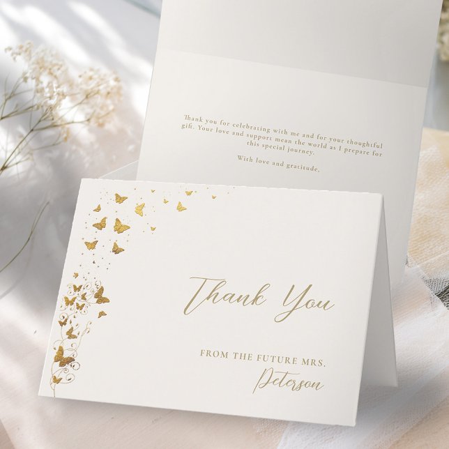 Lifetime Butterflies Ivory Gold Fold Bridal Shower Thank You Card (butterflies bridal shower folded thank you card garden vines lifetime romantic gold ivory elegant )