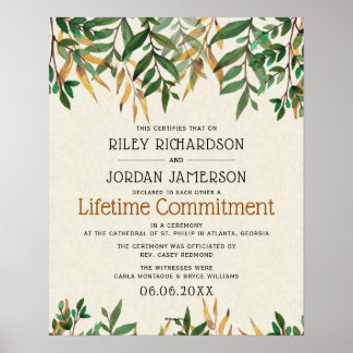 "Lifetime Commitment" Greenery Wedding Certificate Poster