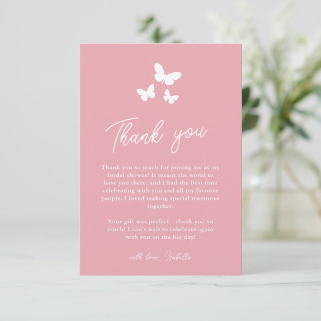 Lifetime of Butterflies Blush Pink Bridal Shower Thank You Card (Standing Front)