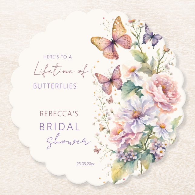 Lifetime of butterflies bridal shower favours paper coaster (Front)