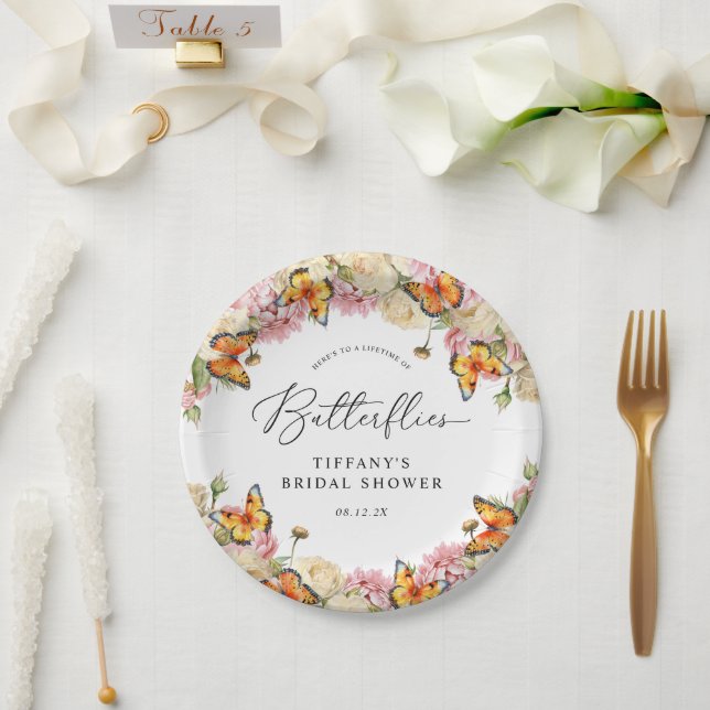 Lifetime of Butterflies Peonies Bridal Shower Paper Plate (Wedding)
