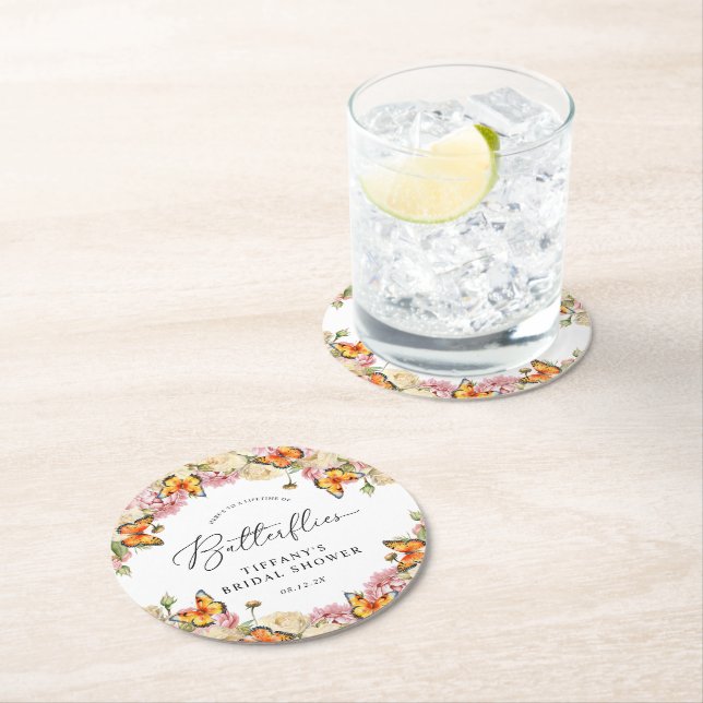 Lifetime of Butterflies Peonies Bridal Shower Round Paper Coaster (Insitu)