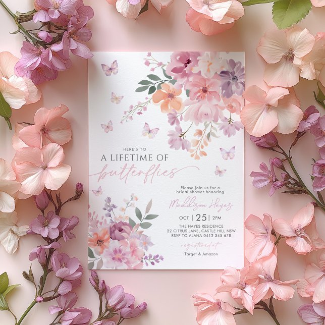 Lifetime of Butterflies Wildflower Bridal Shower Invitation (Here's to a lifetime of butterflies! Bridal Shower Invitation)