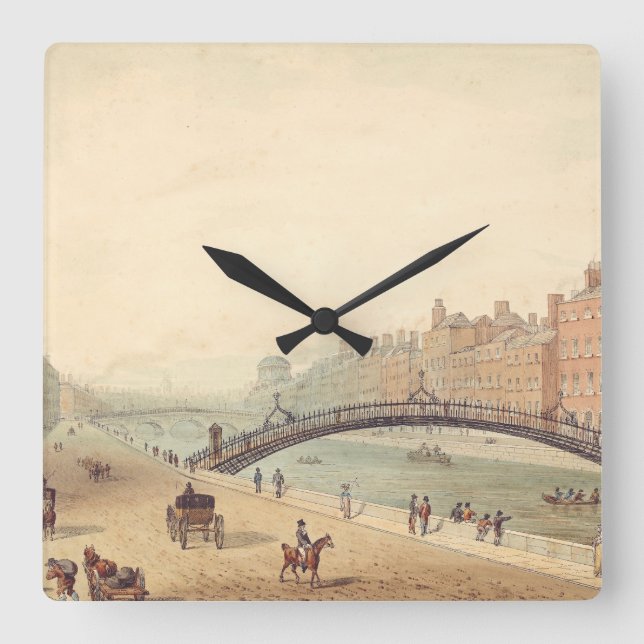 Liffey Bridge in Dublin by Samuel Frederick Brocas Square Wall Clock (Front)