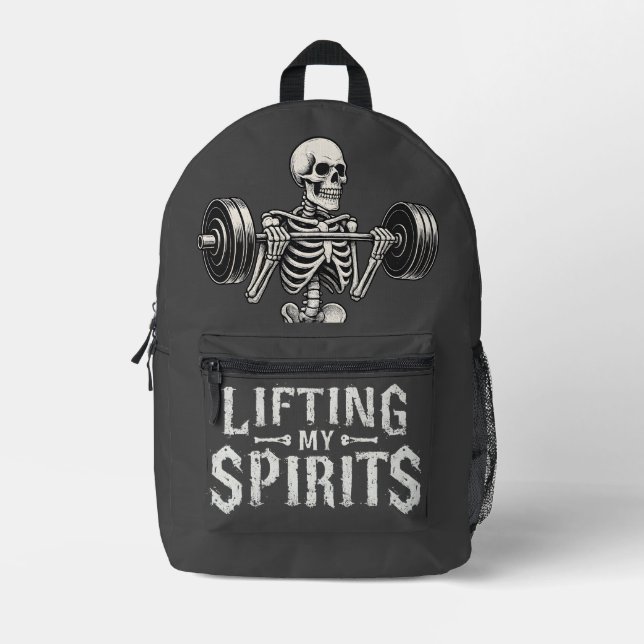 Lifting My Spirits Bodybuilding Skeleton Funny Gym Printed Backpack (Front)