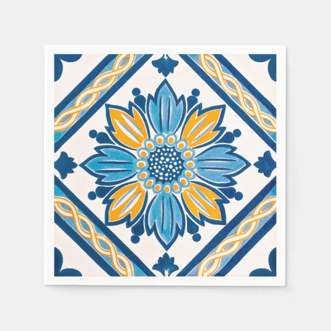 Ligh Blue Yellow Azulejo Mediterranean Party Napkin (Front)