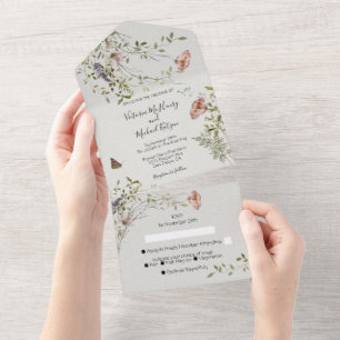Light & airy wildflower watercolor Wedding All In One Invitation