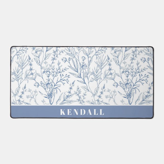 Light and Airy Blue and White Floral Desk Mat (Front)