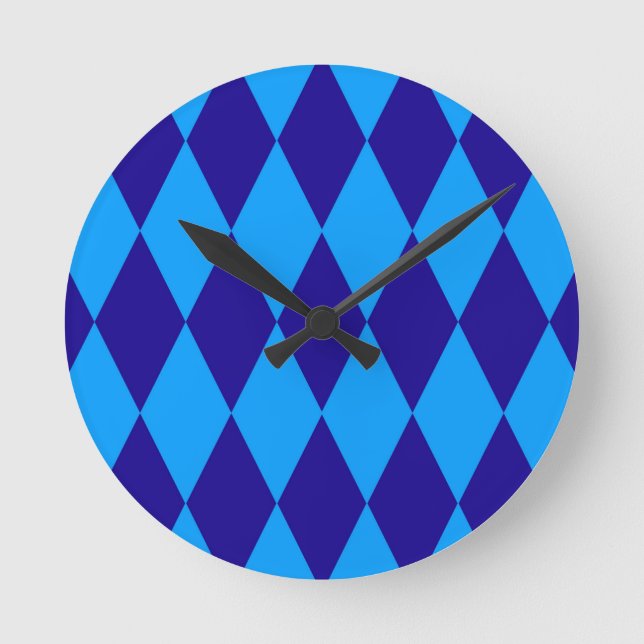 Light and Dark Blue Harlequin Diamonds Checkers  Round Clock (Front)