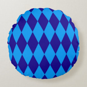 Light and Dark Blue Harlequin Diamonds Checkers Round Cushion