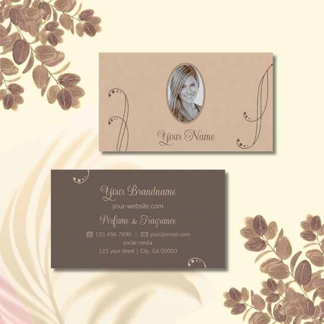 Light and Dark Brown Ornate with Portrait Photo Business Card (Creator Uploaded)