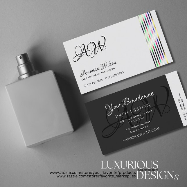 Light and Dark Grey Chic Colourful Stripes Monogra Business Card (Creator Uploaded)