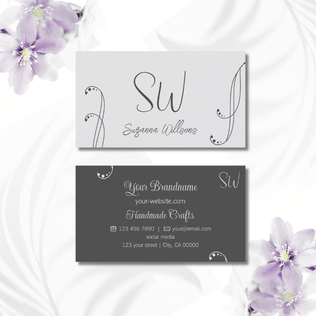 Light and Dark Grey Modern Ornate with Monogram Business Card (Creator Uploaded)