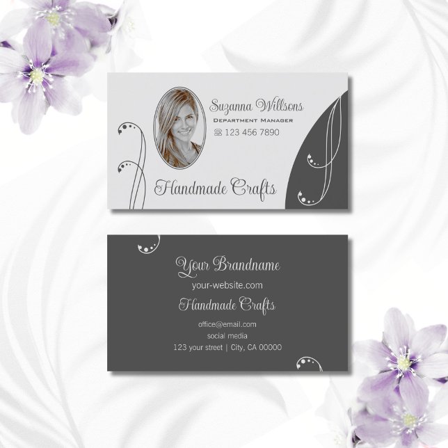 Light and Dark Grey with Portrait Photo Ornate Business Card (Creator Uploaded)