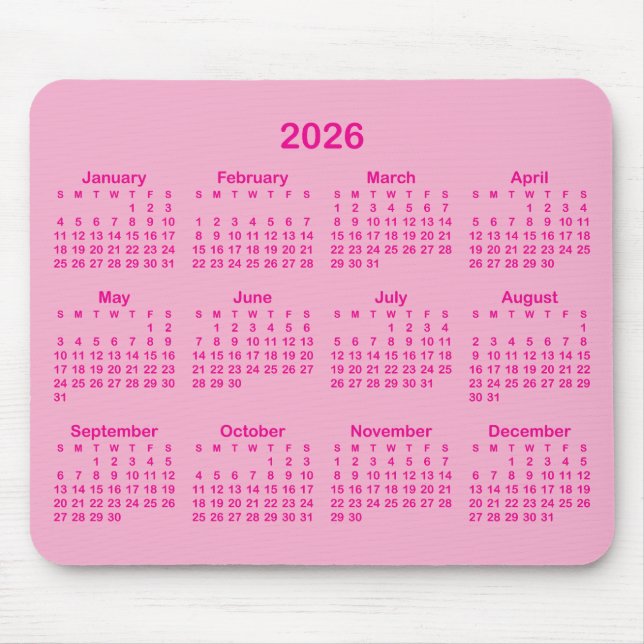Light and Hot Pink 2026 Calendar Mouse Mat (Front)