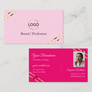 Light and Hot Pink Gold Lines with Logo Photo  Business Card