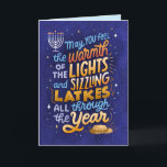 Light and Latkes Non-Photo Hanukkah Greeting Card<br><div class="desc">A fun,  bright and colourful,  hand-lettered Hanukkah sentiment,  with latkes and lights of the menorah,  this greeting card has a humourous punch line on the inside. A photo could be added to the inside left panel!</div>