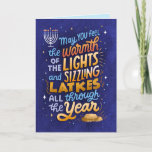 Light and Latkes Non-Photo Hanukkah Greeting Card<br><div class="desc">A fun,  bright and colourful,  hand-lettered Hanukkah sentiment,  with latkes and lights of the menorah,  this greeting card has a humourous punch line on the inside. A photo could be added to the inside left panel!</div>