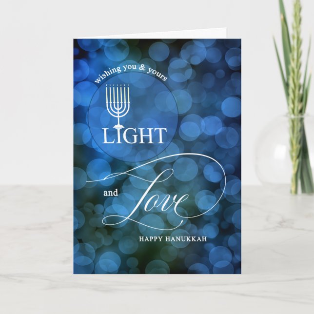 Light and Love Blue Bokeh Menorah Hanukkah Holiday Card (Front)