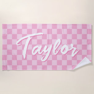 Light and Pale Pink Checkerboard Bold Name Beach Towel