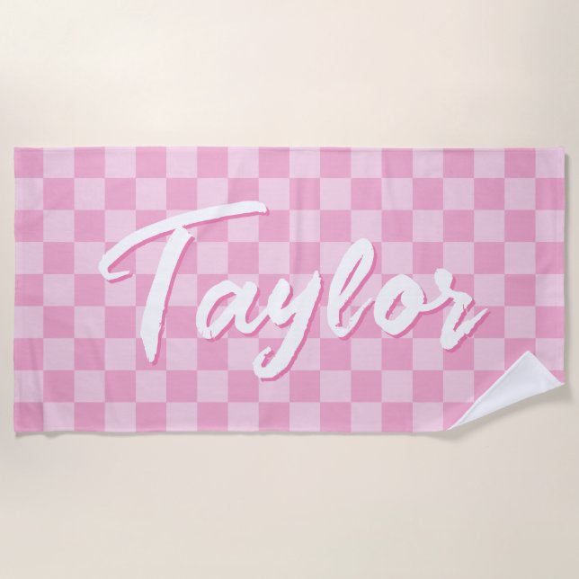 Light and Pale Pink Chequerboard Bold Name Beach Towel (Front)