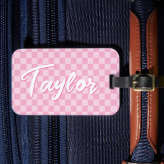 Light and Pale Pink Chequerboard Bold Name Luggage Tag