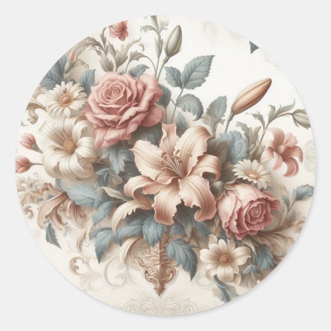 Light Antique Floral Perfection Classic Round Sticker (Front)