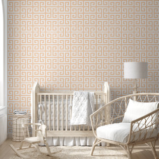 Light Apricot and White Greek Key Wallpaper