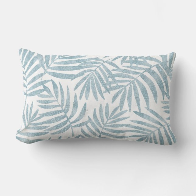 Light Aqua Blue and White Palm Leaf Lumbar Pillow (Front)