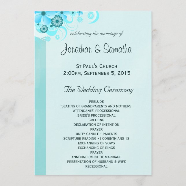 Light Aqua Blue Turquoise Floral Wedding Program Programme (Front)