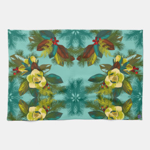 Light Aqua Magnolia Floral Print Kitchen Towel