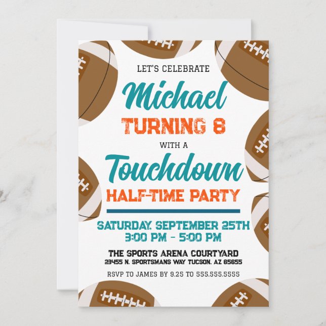 Light Aqua Orange Football Halftime Birthday Party Invitation (Front)