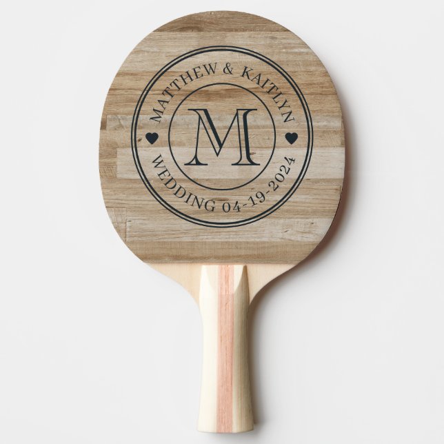 Light Ash Wood Wedding Monogram Heart Ping Pong Paddle (Front)