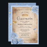 Light Baby Blue and Gold Rose Elegant Quinceanera Invitation<br><div class="desc">Elegant light baby blue rose gold quinceanera invitations that are easily personalised for your sweet 15/16 birthday party! The luxurious pastel blue design features gold butterfly confetti coupled with light blue watercolor roses illustrated by Raphaela Wilson. On the front, a fancy scrolled dresses/gown border beautifully accents the old vintage parchment...</div>