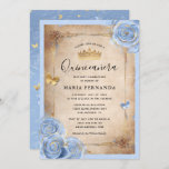 Light Baby Blue and Gold Rose Elegant Quinceanera Invitation<br><div class="desc">Elegant light baby blue rose gold quinceanera invitations that are easily personalised for your sweet 15/16 birthday party! The luxurious pastel blue design features gold butterfly confetti coupled with light blue watercolor roses illustrated by Raphaela Wilson. On the front, a fancy scrolled dresses/gown border beautifully accents the old vintage parchment...</div>