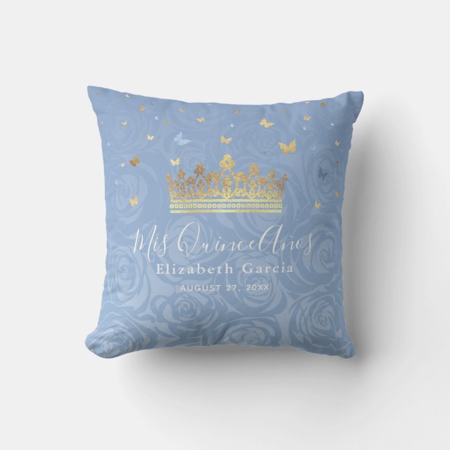 Light Baby Blue and Gold Rose Mis Quince Anos Cushion (Front)